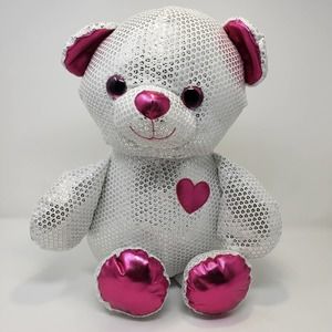 Dan Dee White Metallic Silver Pink Teddy Bear Plush 16" Stuffed Animal Toy Heart